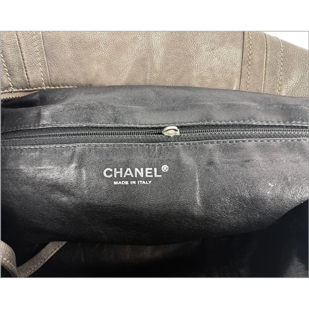 Chanel Metallic Silver Chain-Trim Leather Tote